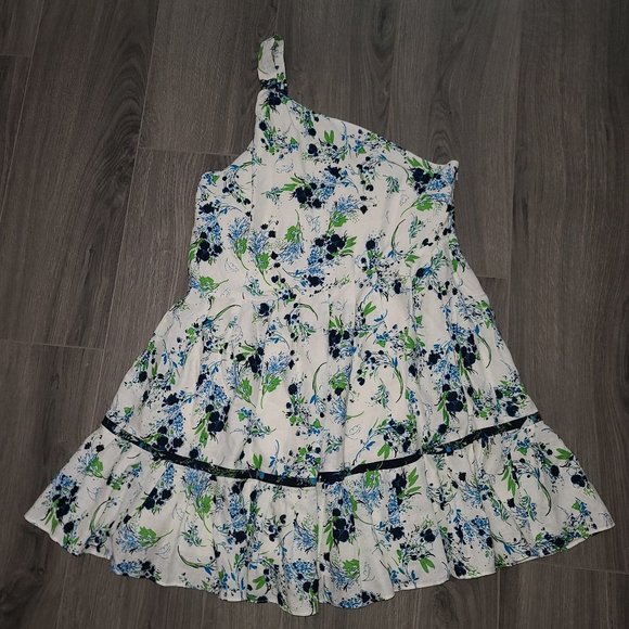 Free People size S Floral Linen Ruffle Flare Mini All Mine Dress One Shoulder - Picture 1 of 6
